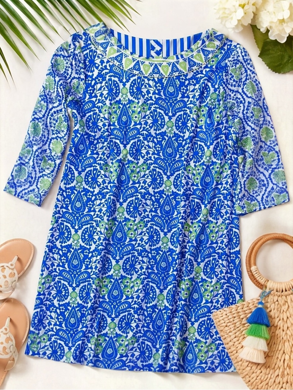 Gretchen Scott Bateau Tunic Dress Blue Green Print Coastal Preppy Medium